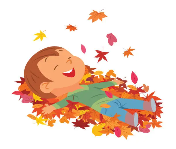 Vector illustration of Little boy laying in leaves