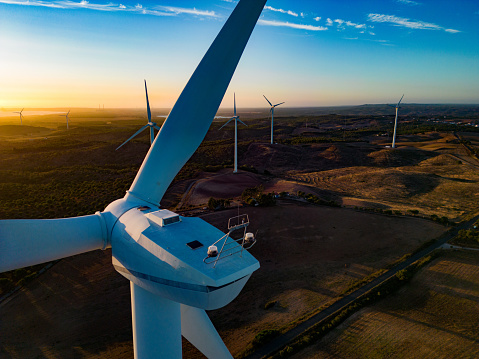 Aerial images of wind structures implemented with clean energy using wind in Alentejo