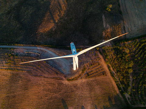 Aerial images of wind structures implemented with clean energy using wind in Alentejo