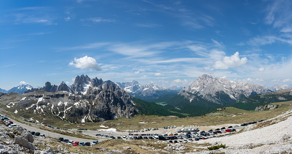 Panoramic view of Drei Zinnen (Tre Cime) parking place. Sexten Dolomites, Italy