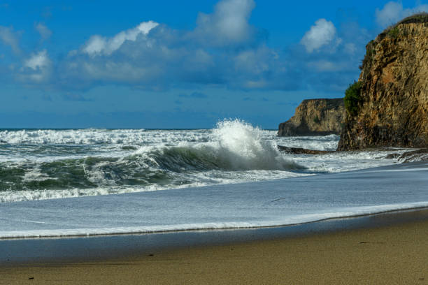 Woman very happy getting wet from the waves.