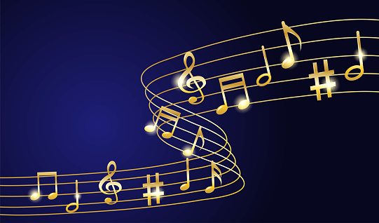 Music notes melody background. Gold notes symbols on dark blue background. Vector.