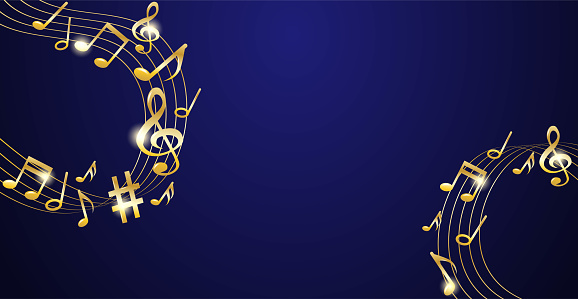 Music notes melody background. Gold notes symbols on dark blue background. Vector.