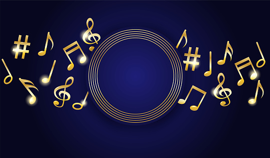 Music notes melody background. Gold notes symbols on dark blue background. Vector.