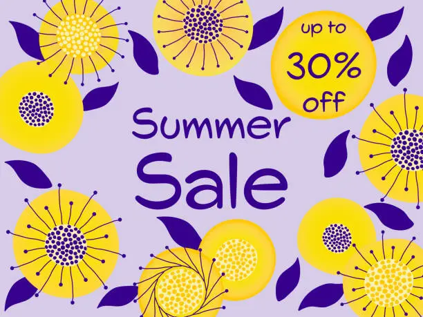 Vector illustration of Summer Sale up to 30% off. Sales banner with abstract yellow summer flowers on purple background.