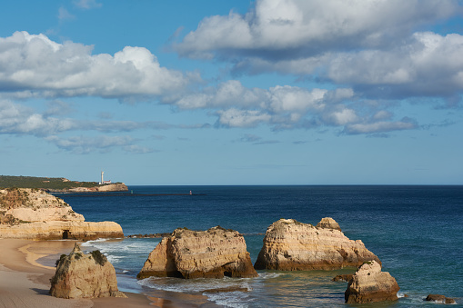 Beautiful view of the Three Castles beach (Praia dos Tres Castelos) in Algarve region, Portugal