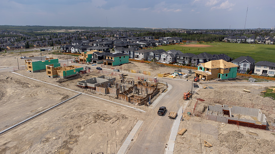 Aerial view of new suburban developments in the city of Calgary in Alberta.