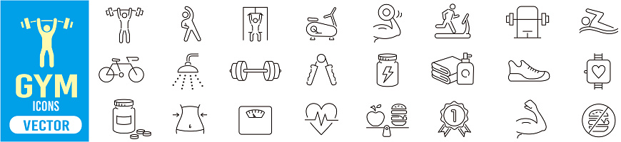 Gym, Wellness, Fitness, Workout, Yoga, Running, Diet Editable stroke line icon collection vector