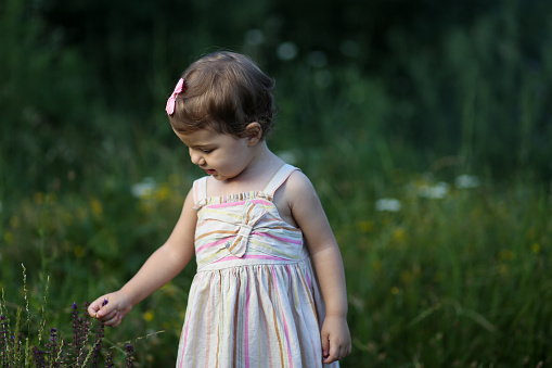 Cute baby girl in white dress and panama hat in summer holds a bouquet of delicate wildflowers in the forest.
