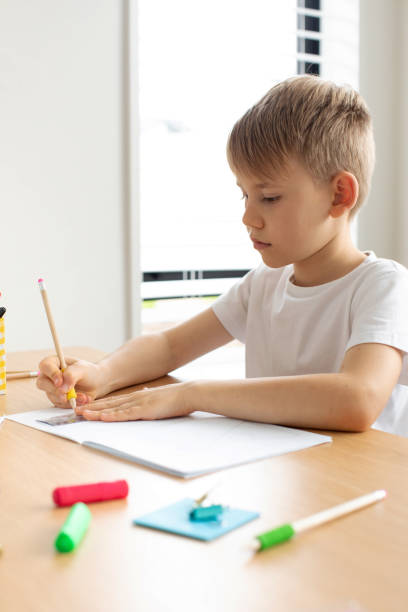 istock A cute boy makes a drawing with a ruler and pencil. Home lessons. Geometry and drawing. 1529228357