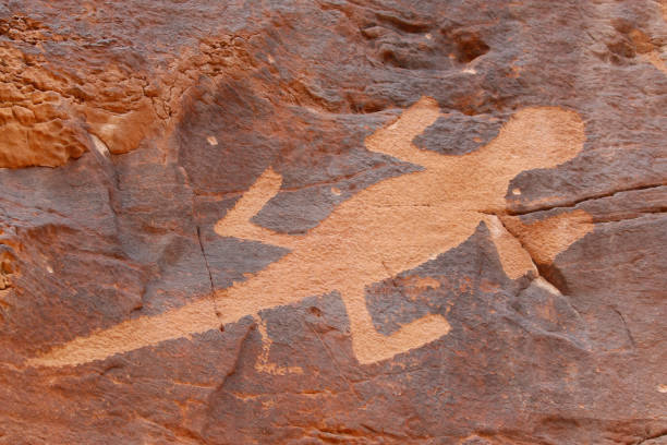 Fish Slough Petroglyphs in the Fish Slough Ecological Reserve, Inyo County, California. Volcanic tableland of Bishop Tuff. Mojave Province. Prehistoric rock carvings etched into volcanic tuff. Paiute-Shoshone people.