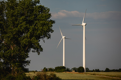Wind farm outdoor photography. Photo of the wind farm on the agricultural field. Picture with wind turbine. Wind turbine, green energy concept. Wind turbines for renewable energy