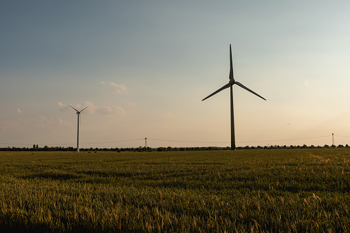 Wind farm outdoor photography. Photo of the wind farm on the agricultural field. Picture with wind turbine. Wind turbine, green energy concept. Wind turbines for renewable energy