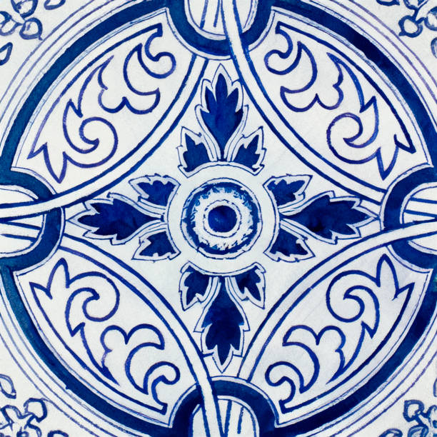 istock Watercolor illustration of portuguese ceramic tiles pattern 1529285680