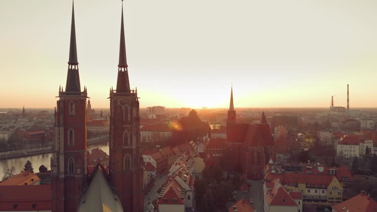 Ostrow Tumski and Cathedral of St. John the Baptist in Wroclaw, Poland. Aerial footage, Drone shots, Architectural beauty, Religious landmarks, Historical sites, Cultural heritage, River views, Gothic