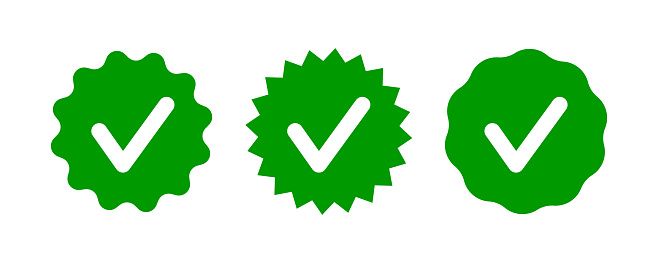 Check tick mark on wavy edge green circle sticker. Star burst shape tag with approved icon. Premium official account. Verify icon stamp. Vector illustration isolated on white background.