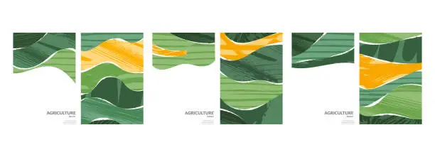 Vector illustration of Abstract eco green agricultural vector background. Farm field template. Organic header design. Fresh nature landscape, ecology collage. Agro business card layout, farmland poster, countryside flyer