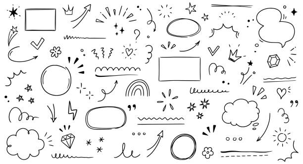 Hand drawn line highlight, speech bubble, brush underline. Text emphasis, star sparkle, pencil underline elements. Hand drawn sketch cloud speech bubble, arrow, emphasis. Vector Hand drawn line highlight, speech bubble, brush underline. Text emphasis, star sparkle, pencil underline elements. Hand drawn sketch cloud speech bubble, arrow, emphasis. Vector illustration. ruler doodle stock illustrations