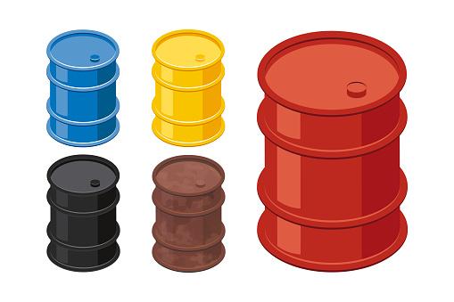 Isometric barrels. 3d icon of metal colorful drums. Storage concept. Vector illustration isolated on a white background in flat style..