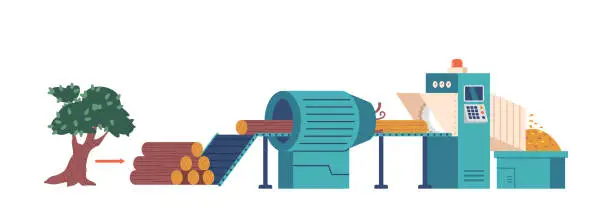 Vector illustration of Paper Industry, Wood Processing And Cellulose Production Factory. Cutting Wood, Debarking Logs, And Grinding