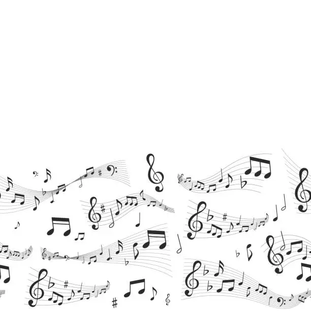 Vector illustration of Music Waves Seamless Background, Border or Frame with Copy Space. Vector Musical Notes And Treble Clef On Curvy Stave