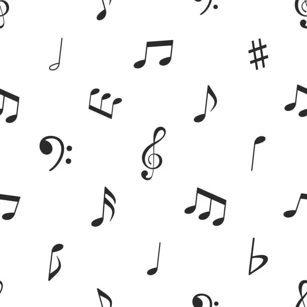 Vector illustration of Seamless Pattern With Musical Notes, Bass And Treble Clef Signs On White Background. Repeated Ornament With Music