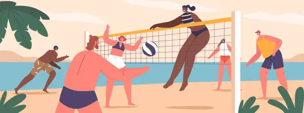 Vector illustration of Young Characters Play Beach Volleyball On Sandy Courts, Enjoying The Sun, Sand, And Teamwork, Vector Illustration
