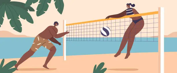 Vector illustration of Black Male and Female Characters Engage In Beach Volleyball, Skillfully Spiking And Setting The Ball Over A Net