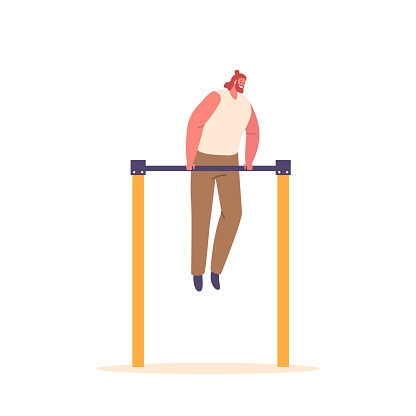 Strong Calisthenics Athlete Male Character Performs Powerful Pull-up On The Bar, Showcasing Impressive Upper Body Strength And Control Isolated on White Background. Cartoon People Vector Illustration