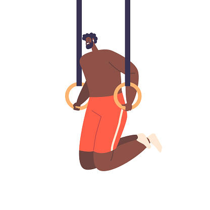 Calisthenics Athlete male Character Effortlessly Performs Push-ups On Gymnastic Rings, Showcasing Strength, Balance, And Control In A Challenging Workout Setting. Cartoon People Vector Illustration