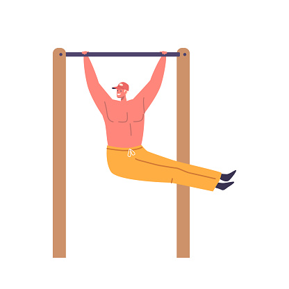 Young Man Vigorously Exercises On A Horizontal Bar Isolated on White Background. Male Character Showcasing His Strength And Determination In His Workout Routine. Cartoon People Vector Illustration