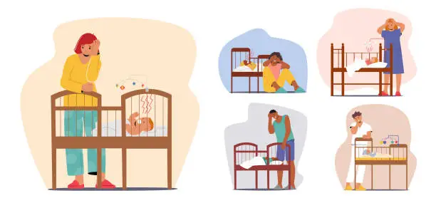 Vector illustration of Exhausted Parents Characters Experiencing Postpartum Depression, Struggling With Emotional Challenges After Childbirth