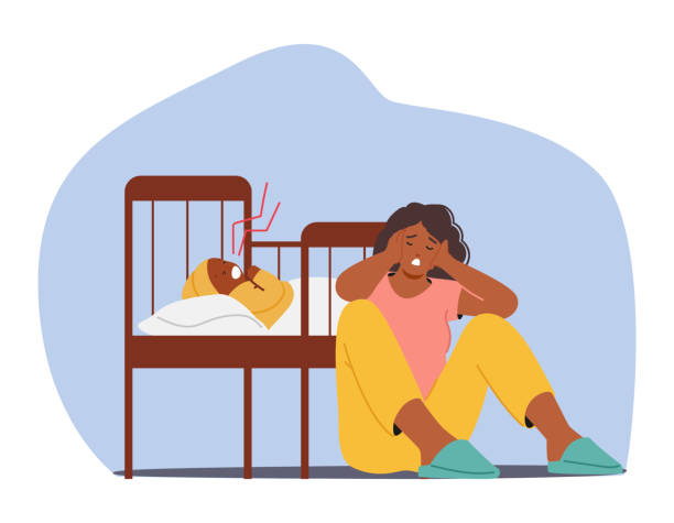 Exhausted African American Mother Character Struggles With Postpartum Depression While Tending To A Crying Baby In A Cot Exhausted African American Mother Character Struggles With Postpartum Depression While Tending To A Crying Baby In A Cot, Seeking Support And Understanding. Cartoon People Vector Illustration crying baby cartoon stock illustrations