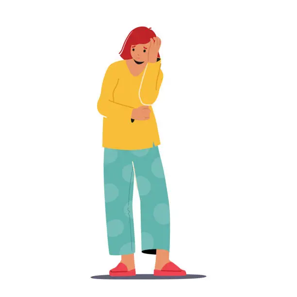 Vector illustration of Exhausted Female Character. Woman In Cozy Pajamas And Slippers Seeks Comfort, Yearning For A Restful Sleep