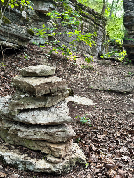 istock Closeup of stacked rock tower along Midwest footpath 1529334208