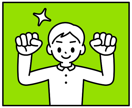 Minimalist Style Characters Designs Vector Art Illustration.
A boy is flexing his biceps to show his power, looking at the viewer, minimalist style, black and white outline.