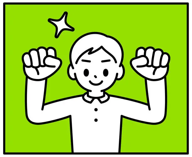 Vector illustration of A boy is flexing his biceps to show his power, looking at the viewer, minimalist style, black and white outline