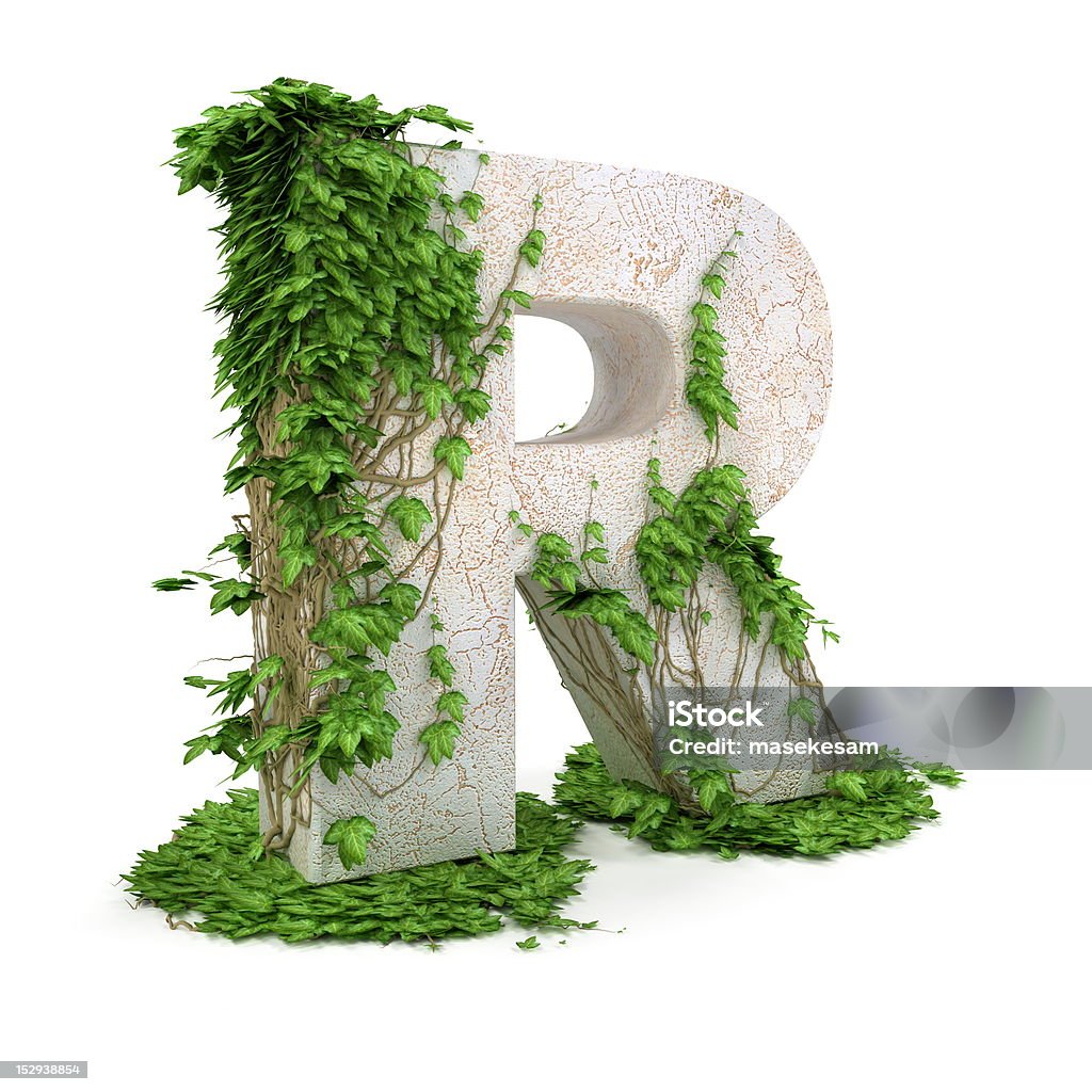 Ivy letter R isolated on white background. Letter R threads covered with ivy isolated on white background. Ivy Stock Photo