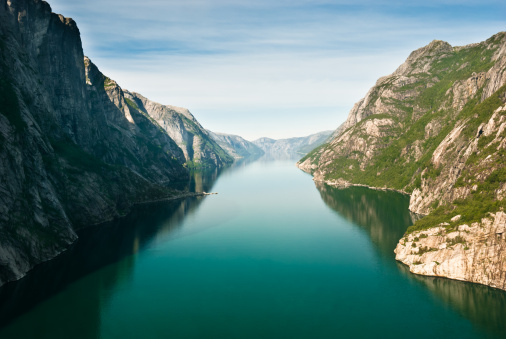 Stock photo of Norwegian fjord and mountains. Kjerag plateau, Lysefjord, Norway.
