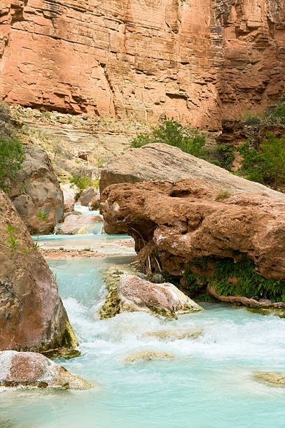 Havasu Creek, Grand Canyon National Park Azure water flows in lower Havasu Canyon in Grand Canyon National Park,  a favorite swimming hole on the Colorado River for river rafting parties. harasu canyon stock pictures, royalty-free photos & images