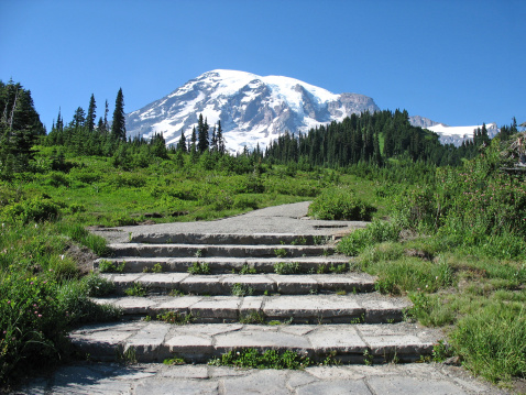A surrealistic image of steps leading up to Mount Rainier Washington