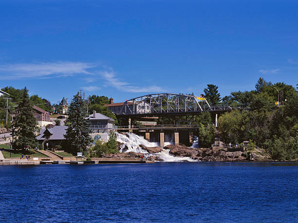 Frontal view of Hydro generating station and falls on Muskoka River in in Bracebridge, Ontario