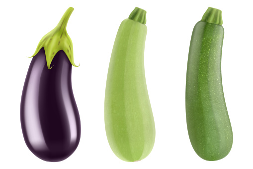 Eggplant or aubergine, Green Zucchini, Courgette or marrow. Summer squash isolated on white background. Fresh raw vegetable. Realistic 3d vector illustration. Can be used for advertising, packaging