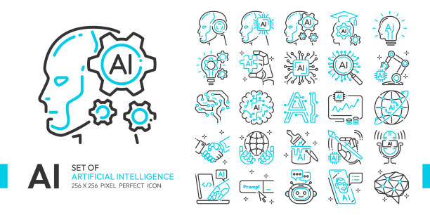 ai artificial intelligence blue line icon set with cybernetic, machine learning, robotic, ai solving, algorithm and ai technology concept more, 256x256 pixel perfect icon vector, editable stroke - chat gpt stock illustrations