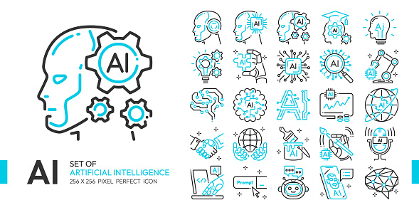 AI Artificial intelligence blue line icon set with cybernetic, machine learning, robotic, AI solving, algorithm and AI technology concept more, 256x256 pixel perfect icon vector, editable stroke eps10