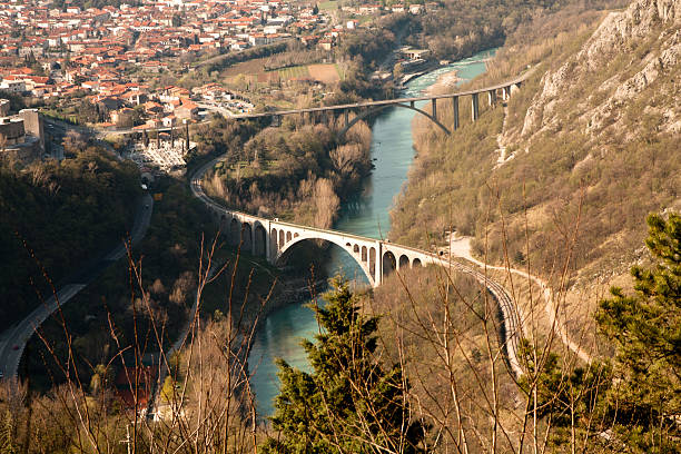 Solkan bridge the largest stone arch in Europe - Solkan bridge (Slovenia) nova gorica stock pictures, royalty-free photos & images