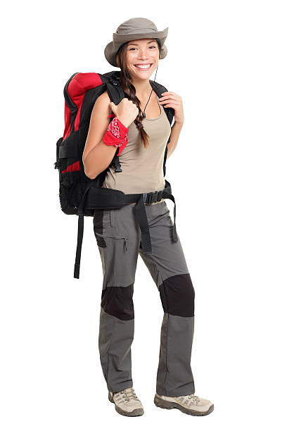 istock Smiling hiker woman carrying her red backpack 152944320