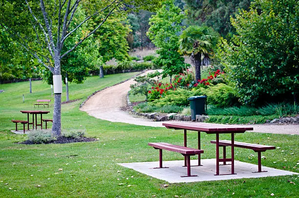 Outdoor furniture in park, Punchbowl Reserve, Launceston, Tasmania, Australia