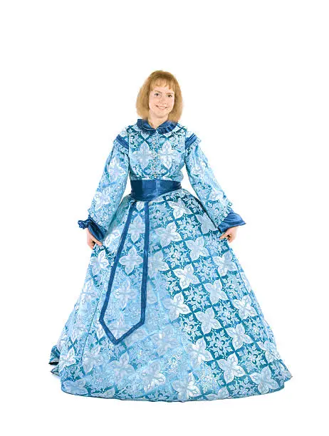 Blond woman in a blue dress with crinoline