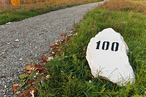 Mile stone in the grass near the road, with print number hundred sign